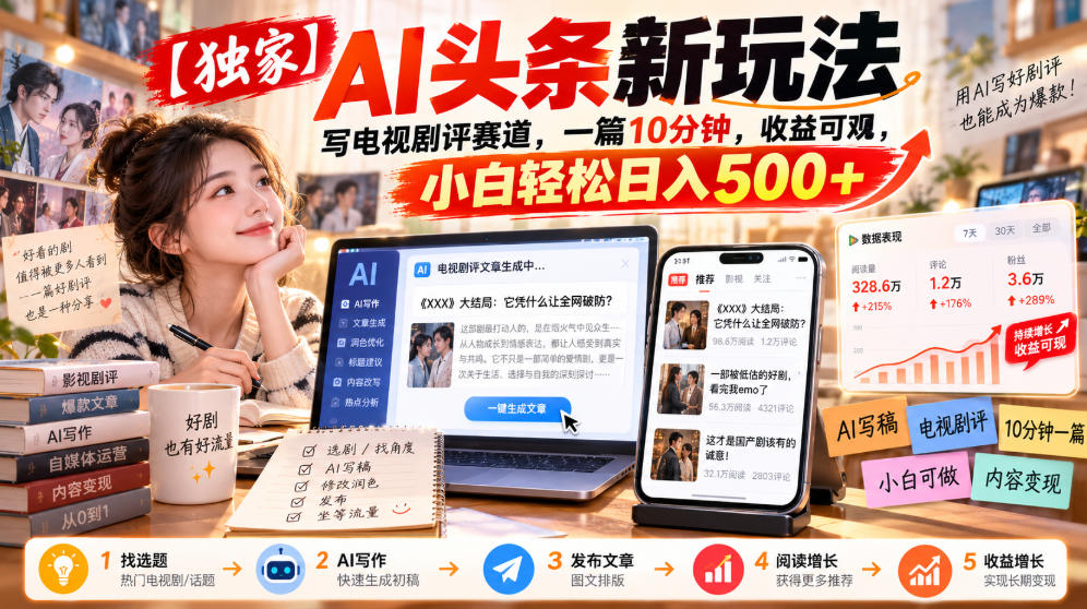 【独家】AI头条新玩法，写电视剧评赛道，一篇10分钟，收益可观，小白轻松日入500+-第一资源库