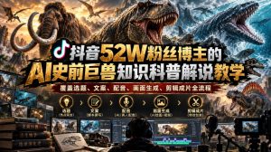 抖音52W粉丝博主的AI史前巨兽知识科普解说教学,覆盖选题、文案、配音、画面生成、剪辑成片全流程-第一资源库