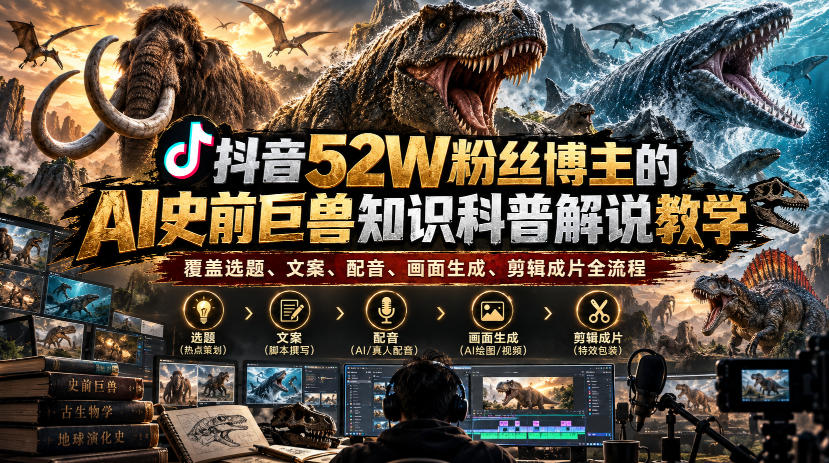 抖音52W粉丝博主的AI史前巨兽知识科普解说教学,覆盖选题、文案、配音、画面生成、剪辑成片全流程