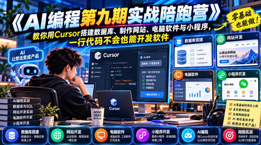 【无水印】《AI编程第九期实战陪跑营》教你用Cursor搭建数据库、制作网站、电脑软件与小程序，一行代码不会也能开发软件-第一资源库