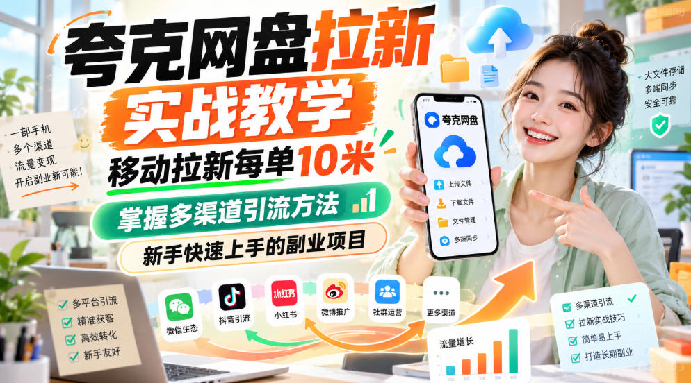 夸克网盘拉新实战教学，移动拉新每单10米，掌握多渠道引流方法，新手快速上手的副业项目（更新1028）-第一资源库