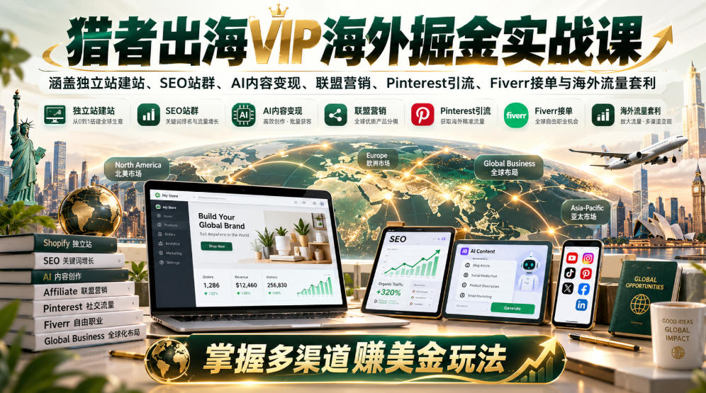 猎者出海VIP海外掘金实战课：涵盖独立站、SEO站群、AI变现、联盟营销、Pinterest引流、Fiverr接单与海外流量套利，掌握多渠道賺美金玩法-第一资源库