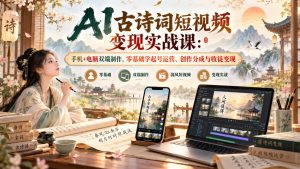 AI古诗词短视频变现实战课:手机+电脑双端制作,零基础学起号运营、创作分成与收徒变现-第一资源库