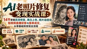 AI老照片修复变现实战课:14节掌握高清修复、黑白上色、照片动态化、短视频直播获客与接单成交,从零基础到变现全流程-第一资源库