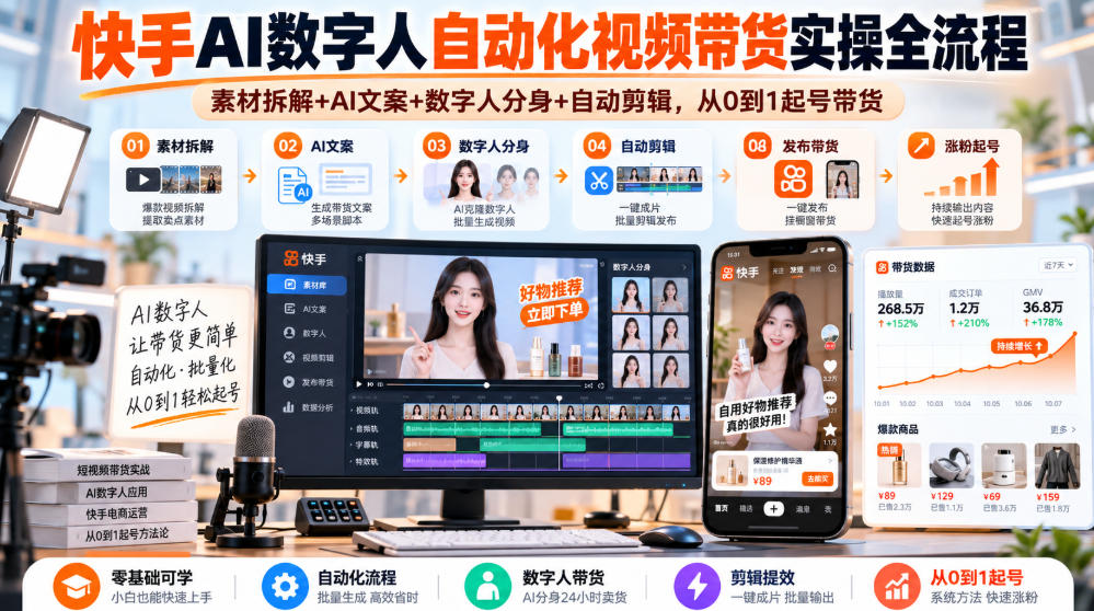 快手AI数字人自动化视频带货实操全流程｜素材拆解+AI文案+数字人分身+自动剪辑，从0到1起号带货（更新26年）-第一资源库