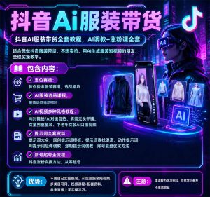 抖音AI服装带货全套教程，不靠真人出镜，利用AI批量制作服装带货短视频，打通选品、AI提示词调教、起号涨粉全流程-第一资源库